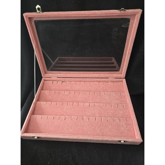 Pink Velvet Jewelry Storage Box W/ Glass Cover 10 X 14 - Picture 2 of 8